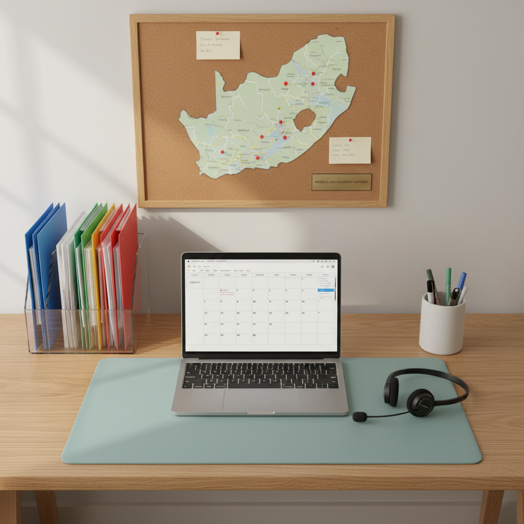 An overhead photographic view of a meticulously organized practice support workstation in a private healthcare office, with no people visible. A slim silver laptop displaying a clean calendar interface, a wireless headset resting beside it, neatly stacked patient files in color-coded folders, and a Western Cape map pinboard on the wall hinting at regional placements. The desk surface is light oak with a subtle grain, paired with a pale teal desk pad and a tidy pen holder. Soft, diffused daylight from an unseen window casts minimal shadows, emphasizing clarity and order. The composition uses centered balance with sharp focus throughout, evoking precision, reliability, and professional medical recruitment support.