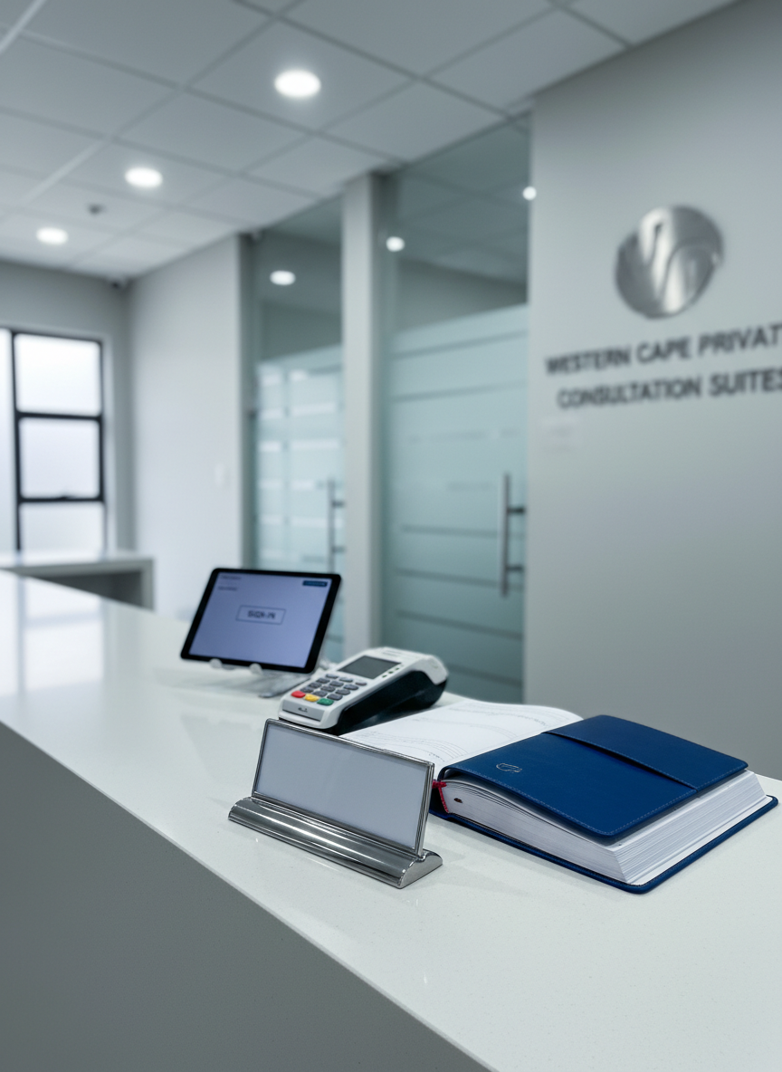 A close-up, eye-level photographic scene of a tidy medical reception front counter prepared for a new hire, with no staff present. A freshly placed nameplate stand is empty, beside a neatly arranged appointment book, a disinfected card payment terminal, and a small, elegant sign-in tablet. In the background, out of focus, are frosted glass doors leading to consultation rooms and discreet signage indicating private healthcare services in the Western Cape. Cool, even overhead lighting mixes with soft natural light from a side window, creating a clean, clinical yet inviting ambiance. The composition follows the rule of thirds, with the empty nameplate subtly symbolizing an open role for an exceptional medical receptionist.