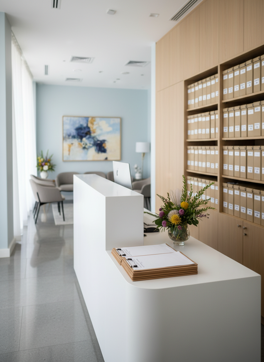 A modern, well-organized private medical reception area represented without people: a high, curved white reception desk with a subtle matte finish and a sleek computer monitor, a neat stack of clipboards, and a small vase with indigenous Western Cape fynbos flowers. Behind the desk, built-in light wood cabinetry and neatly labeled file boxes suggest efficient practice support. Soft daylight streams through large windows, illuminating pale blue walls and polished stone flooring, creating gentle reflections. Shot at eye level with photographic realism, using a shallow depth of field so the foreground desk is crisp while the waiting area chairs and abstract wall art are softly blurred. The mood is professional, calm, and welcoming, suitable for a premium private healthcare practice.