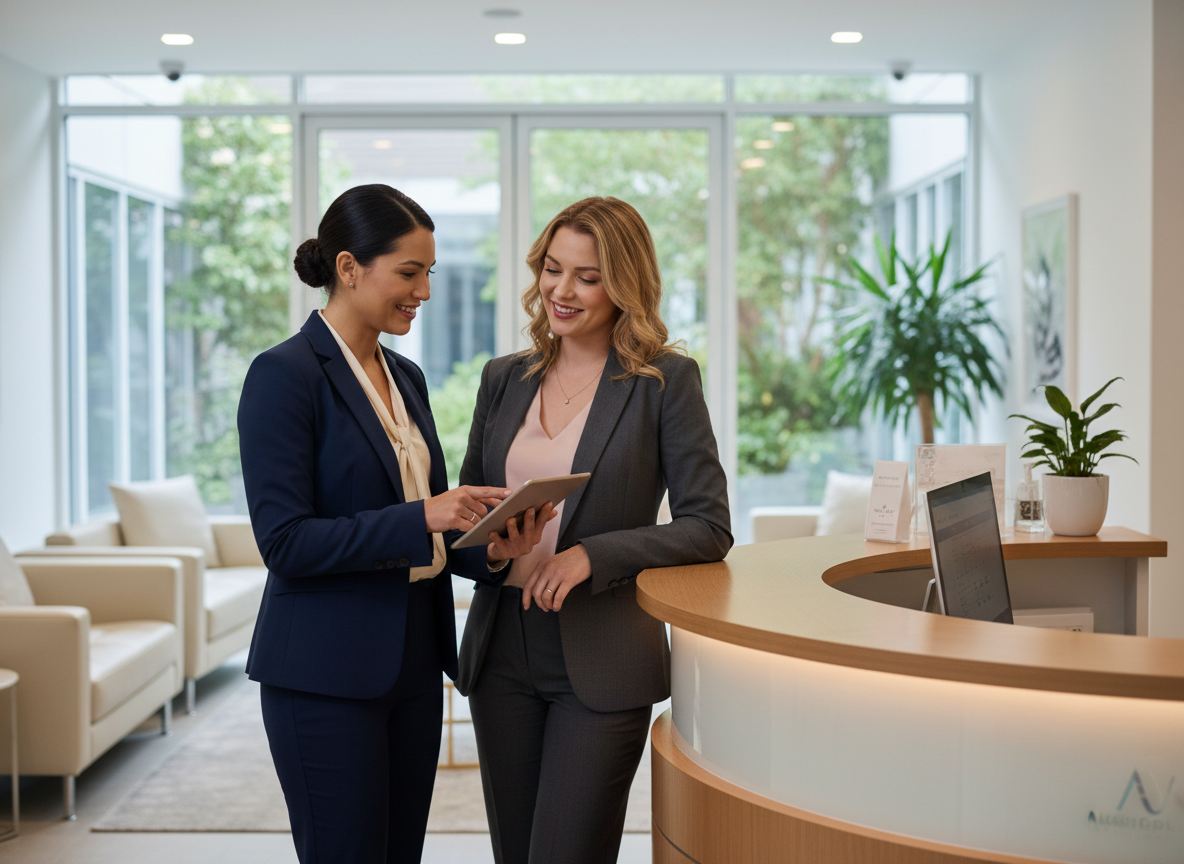 Two professional women at a medical reception desk in a private healthcare practice