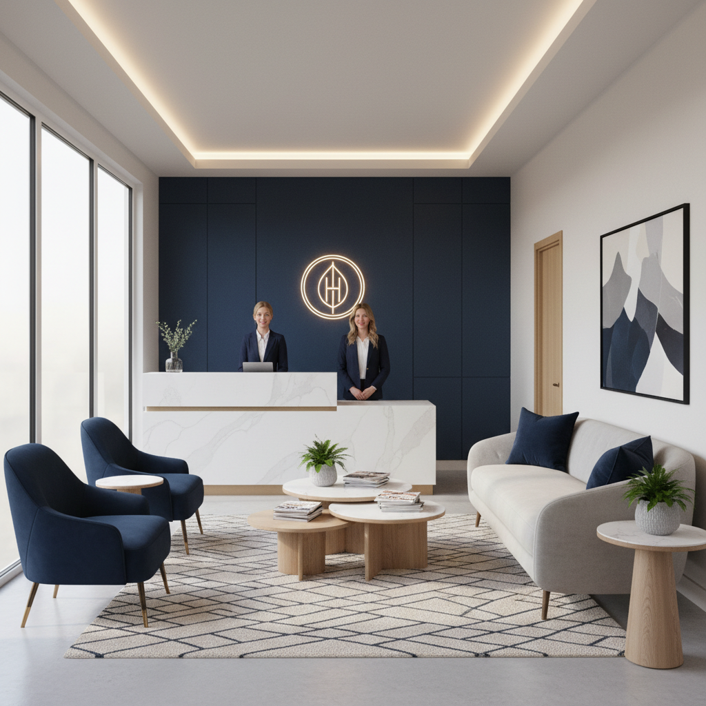 A modern medical practice reception area with elegant seating and soft daylight
